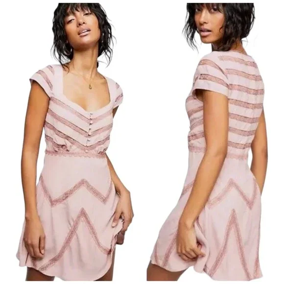 New FREE PEOPLE Dusty Toasted Mink Pink Elle Striped A-Line Mini Dress 4 Small - Picture 11 of 11